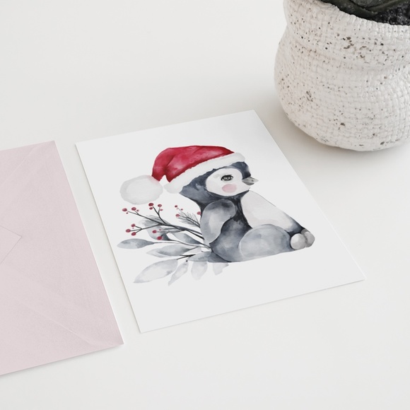 Wall Art Watercolor Christmas Penguin Illustration Print Poster Card Unframed - Picture 5 of 7